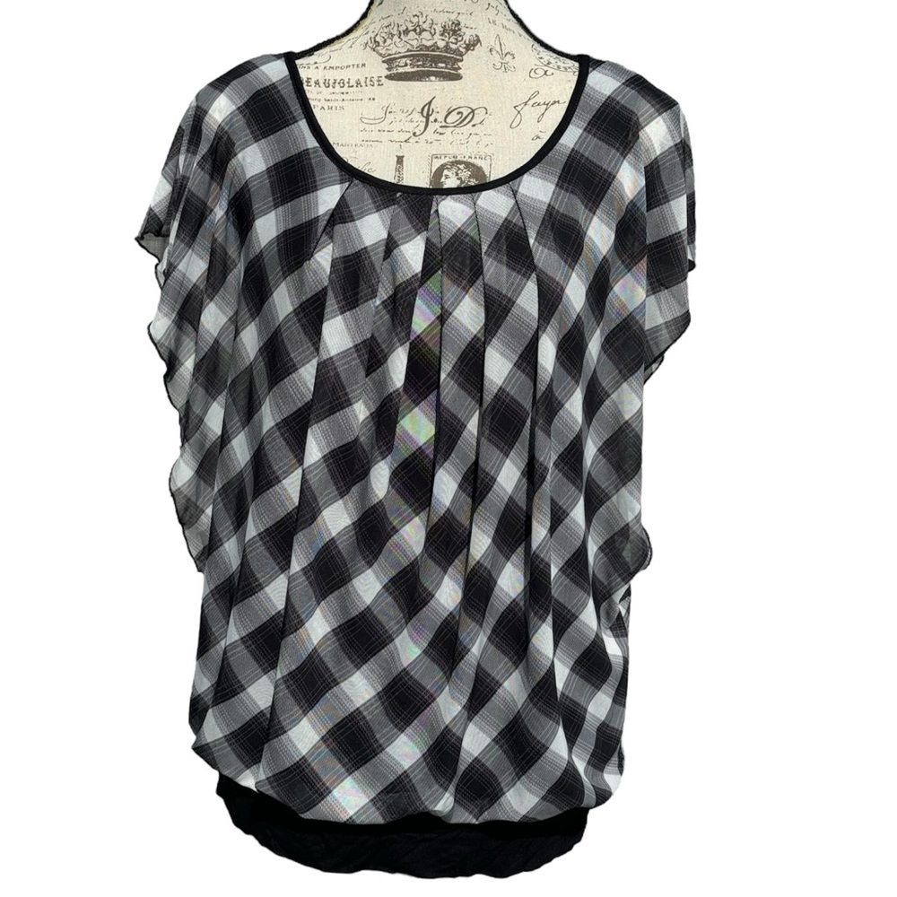 NWT Layered Look Stretchy Flowy Blouse Top Workwear Plaid Dolman Black & White L